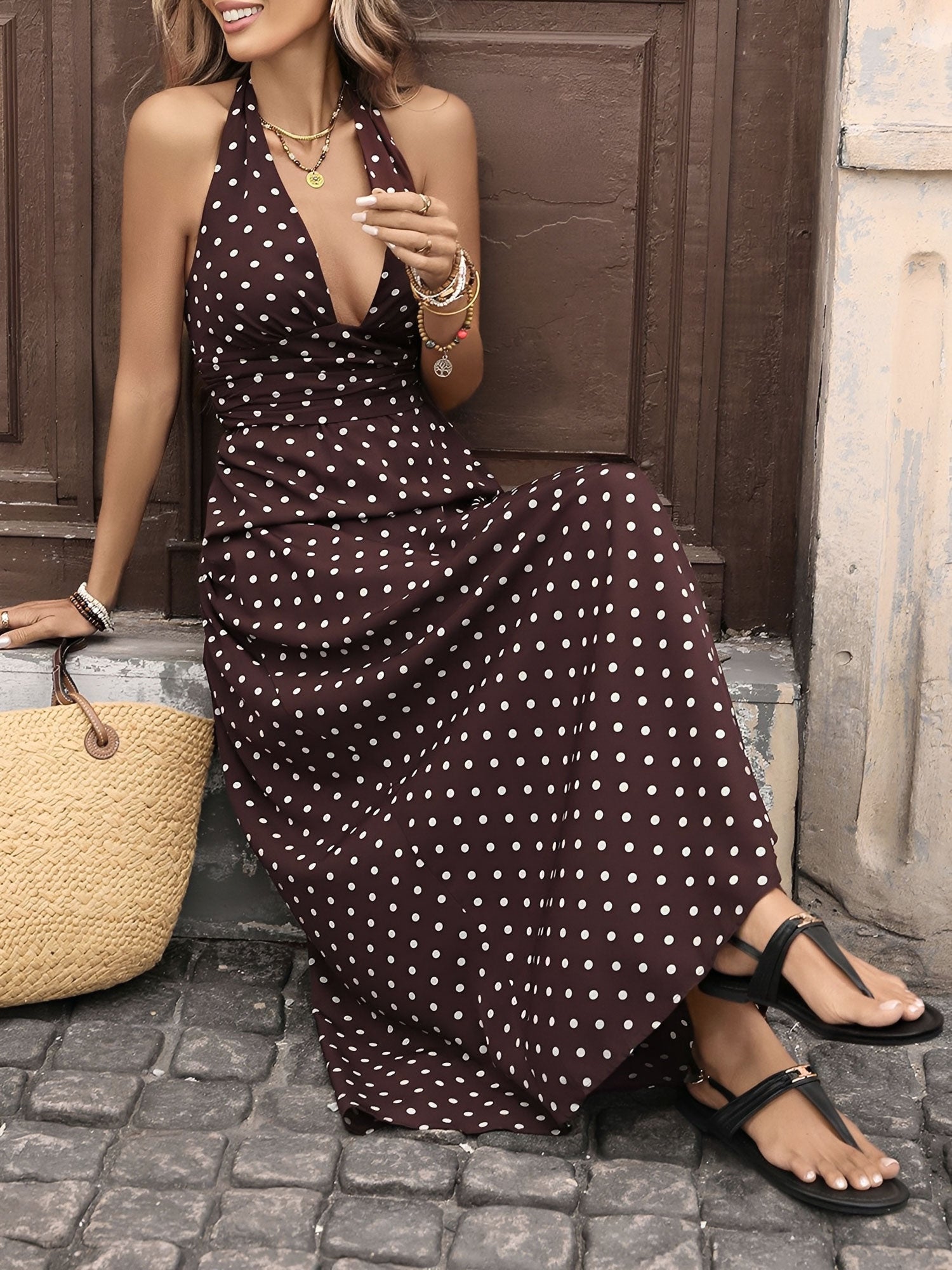 Sienna Bellucci | Chocolate Polka Halter Maxi Dress