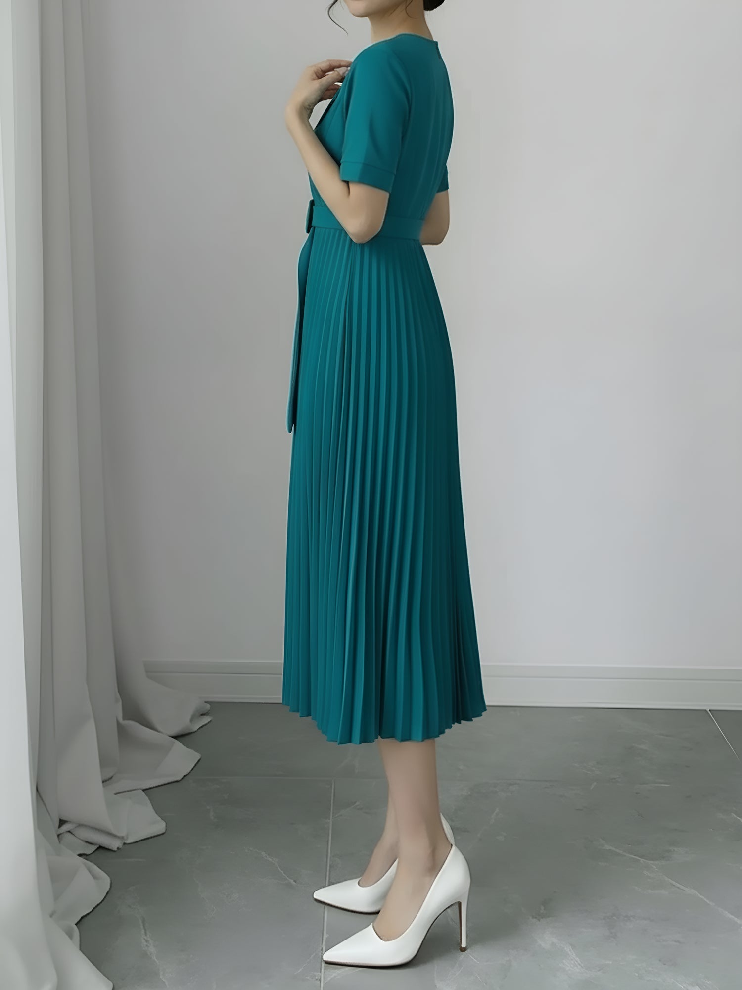 Elara Grace | Pleated Belted Midi Dress For Women