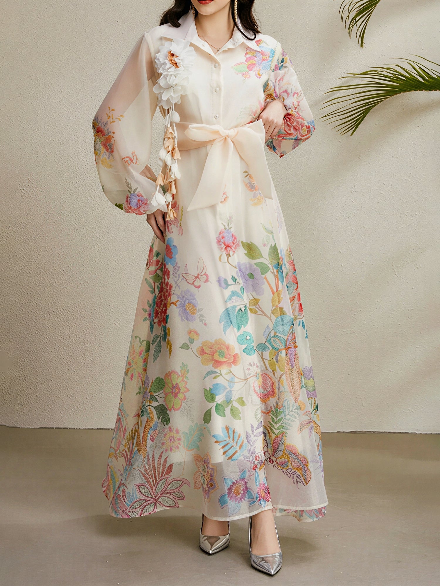 Seraphina Muse | Sheer Floral Bow Maxi Dress For Women