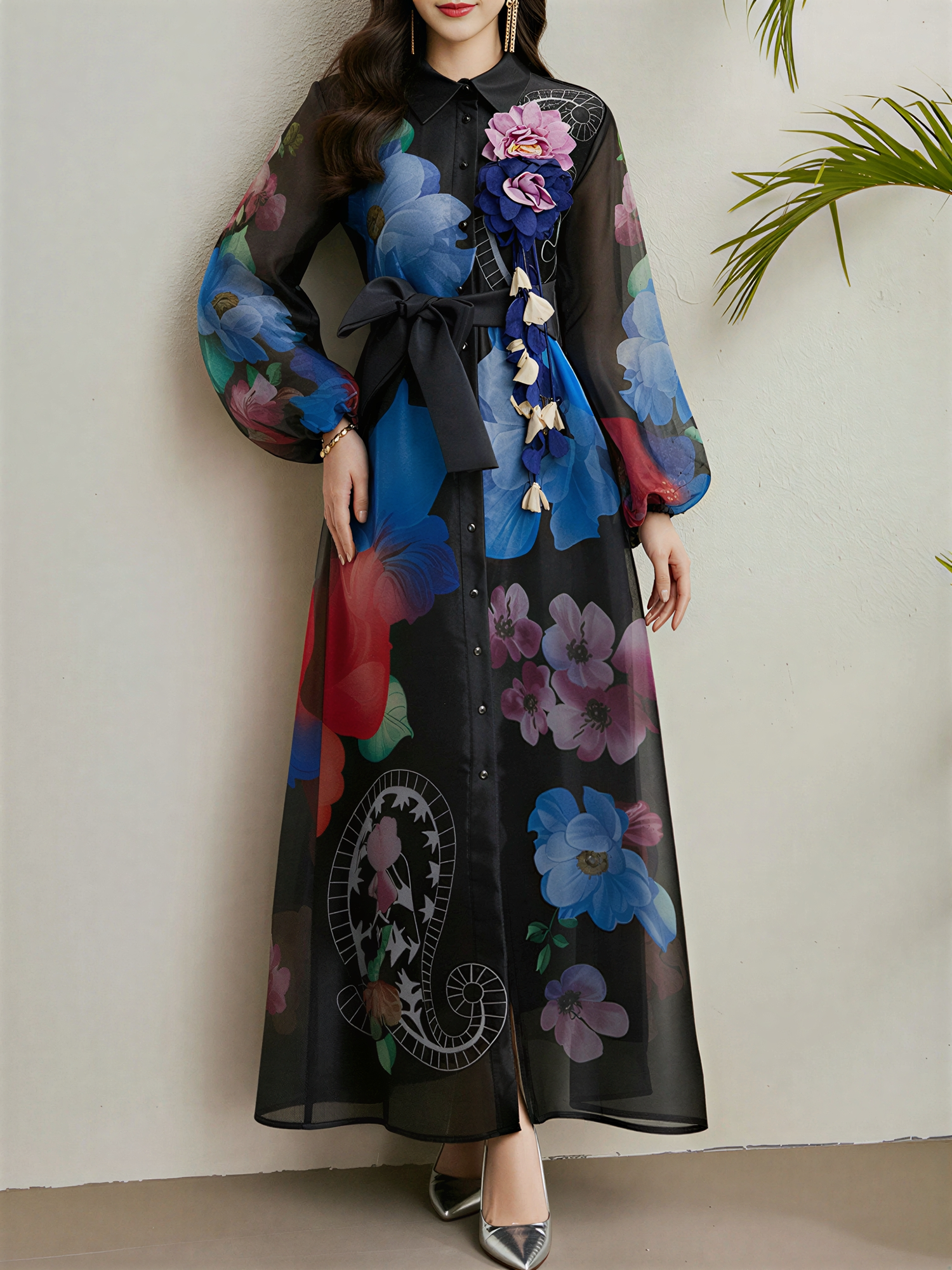 Seraphina Muse | Sheer Floral Bow Maxi Dress For Women