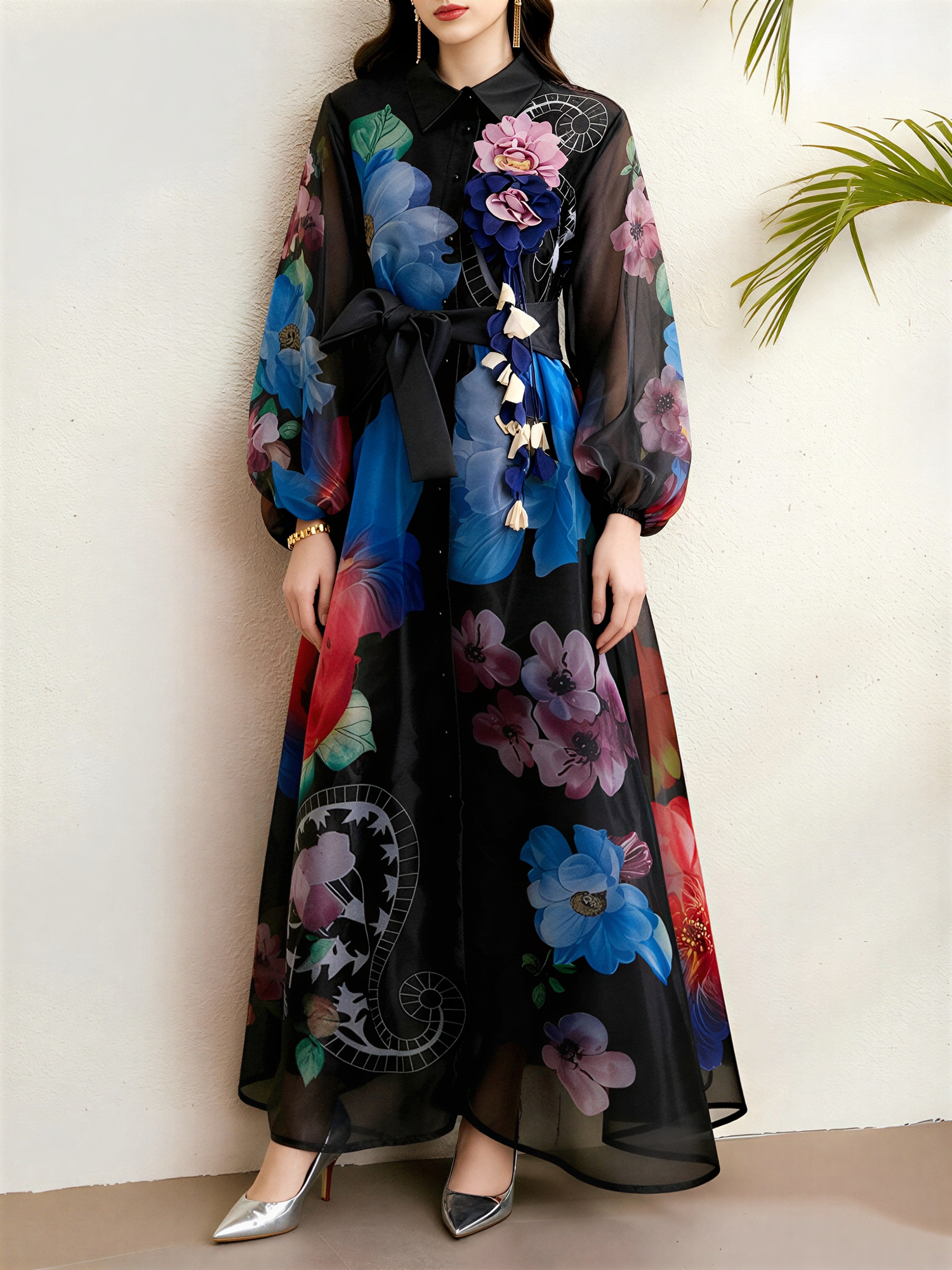 Seraphina Muse | Sheer Floral Bow Maxi Dress For Women