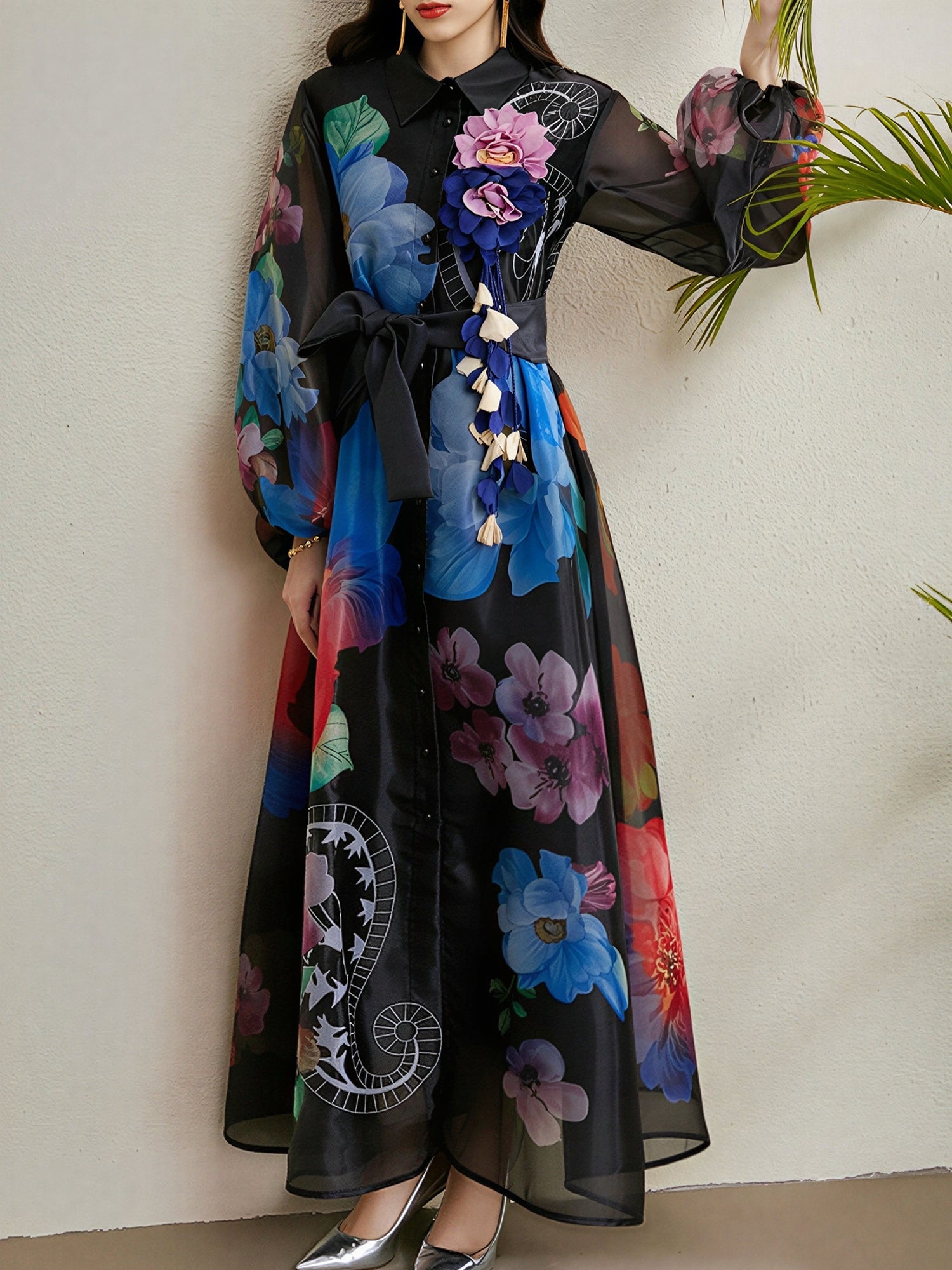 Seraphina Muse | Sheer Floral Bow Maxi Dress For Women